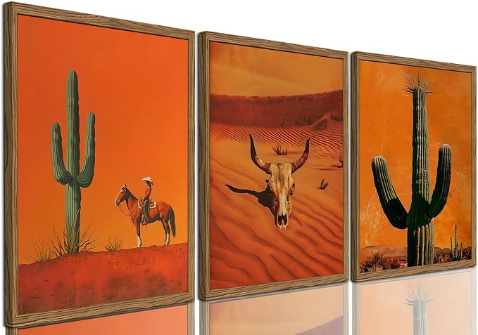 Framed Western Cowboy Canvas Wall Art Set of 3, Vintage Desert Cactus Pictures Wall Decor, Longhorn Bull Skull Paintings Prints Southwestern Home Decor for Living Room Bedroom 12x16 inch