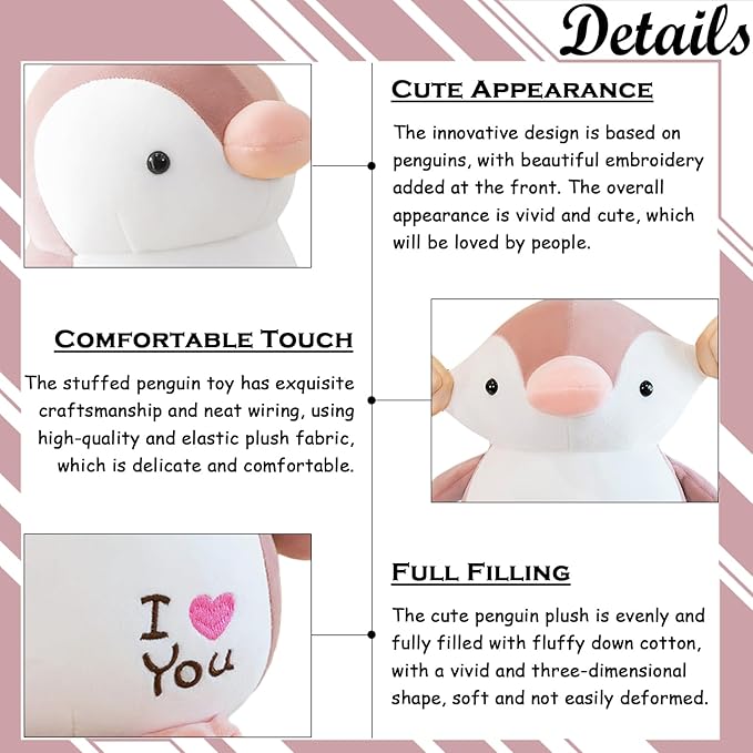 zhidiloveyou 9.84" Penguin Stuffed Animal Pink Soft Baby Penguin Plush Cute Toy for Girls Boys
