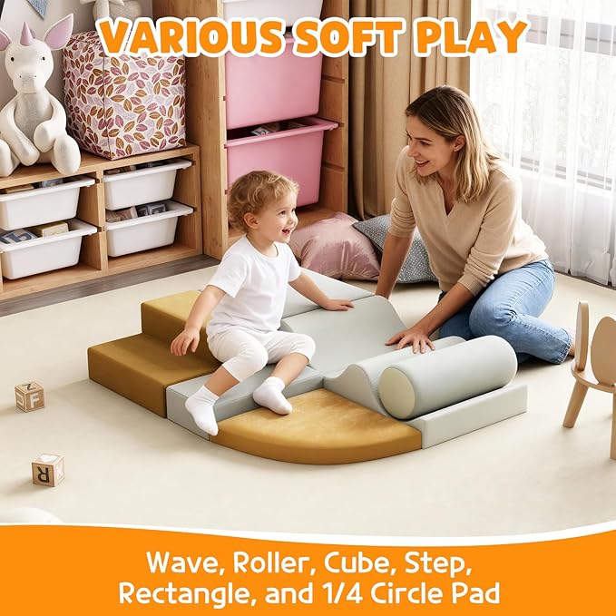 IDEALHOUSE Toddler Climbing Toys, 6 Pieces Soft Foam Blocks for Toddlers, Lightweight Foam Climbing Blocks for Crawling & Sliding，Easy Clean Indoor Active Play for Kids, Yellow