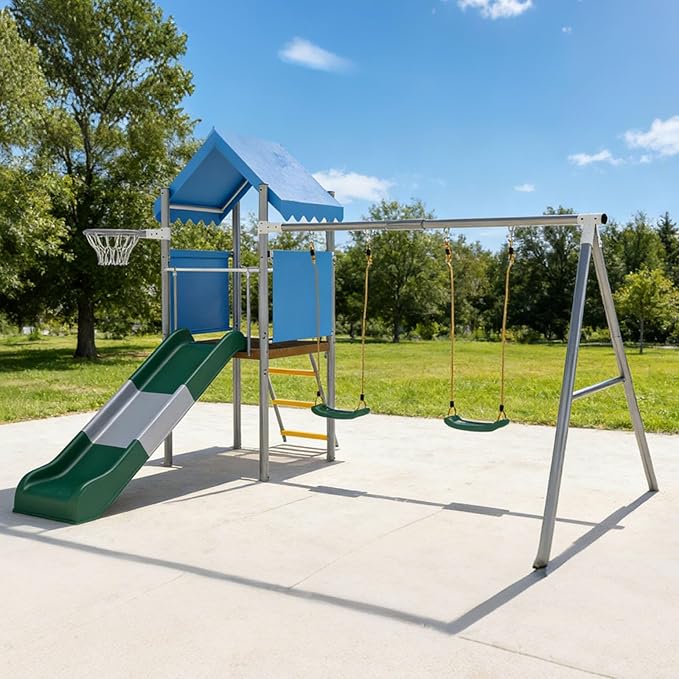 Patikuin Heavy Duty Kids Outdoor Playset with Dual Swings, Slide & Basketball Hoop – Galvanized Steel Playground Equipment – Safe & Durable – Perfect for Backyard or Garden – Includes Blue Variant