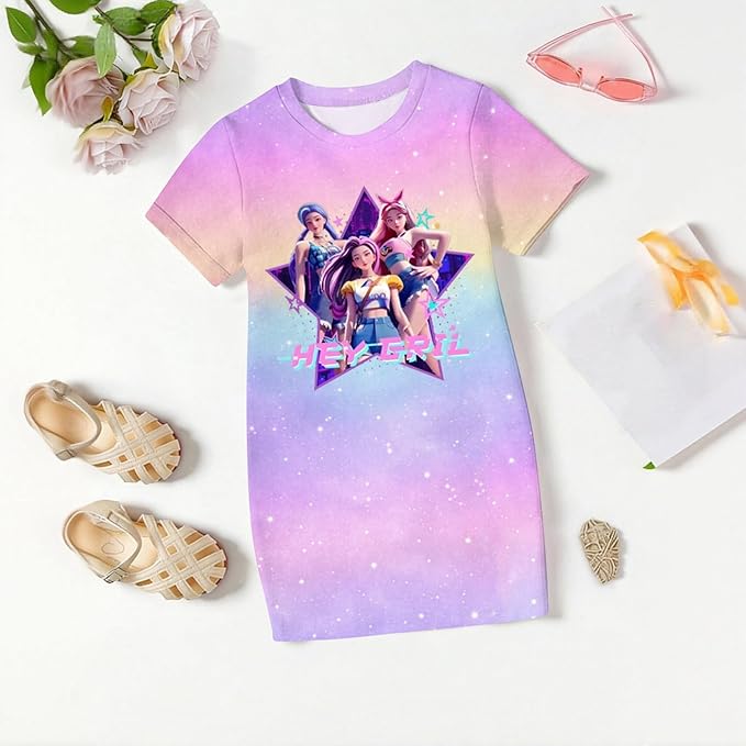 Girl's Anime K-POP Graphic Long Dress T-Shirt - Casual Loose Fit Short Sleeve Top