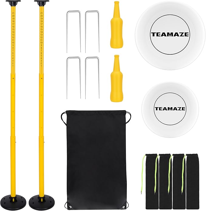 Flying Disc Game Set with Height-Adjustable Poles & Score Tracker, Outdoor Bottle Toss Game for Beach, Lawn, Camping, Polish Horseshoes Set for Family & Friends Party Games