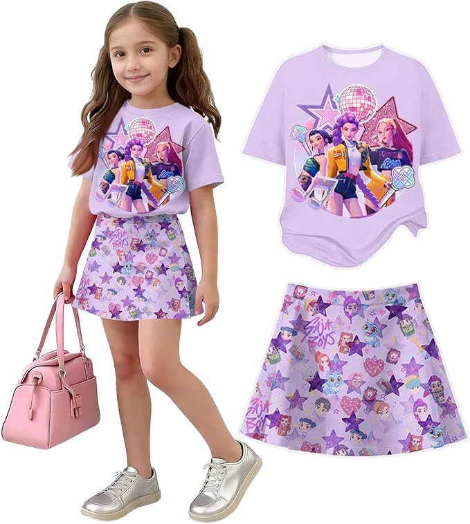 HTHLVMD K Pop Short Sleeve T-Shirt and Skirts Outfits Set for Girls Hunters Rumi Mira Zoey Graphic Tees De-Mon Costume