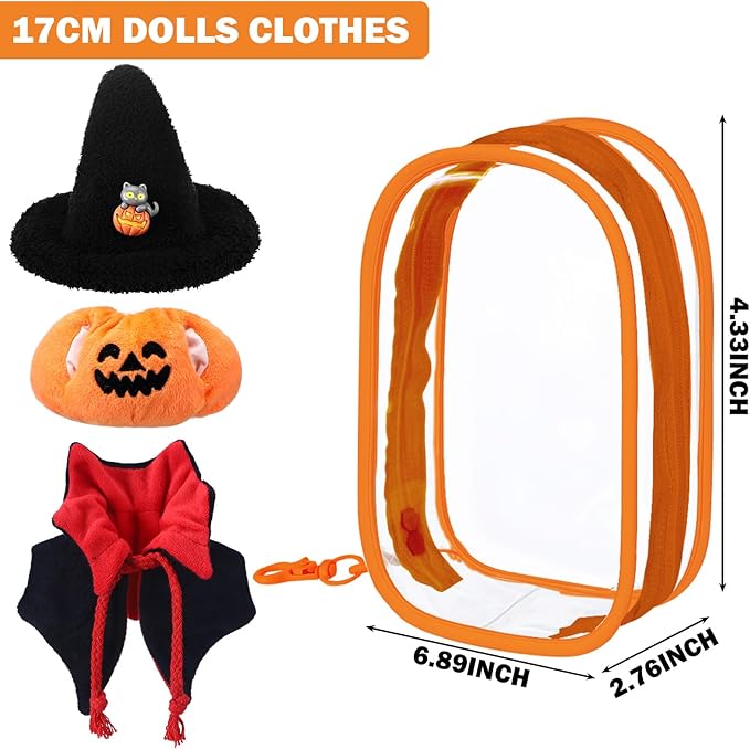 17cm Doll Clothes Outfits for Halloween, Witch Hat Pumpkin Clothes Demon Cloak & PVC Storage Case for Halloween Doll Costume Accessory Dress up Collector Display