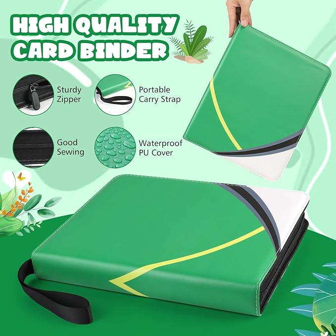 9 Pocket Card Binder for Pokemon Card, 720 Pockets Card Binder Holder with 40 Removable Sleeves, 3-Ring Zip Design Trading Card Albums for MTG/TCG/Sport Collectible Gifts for Boys and Girls (Green)