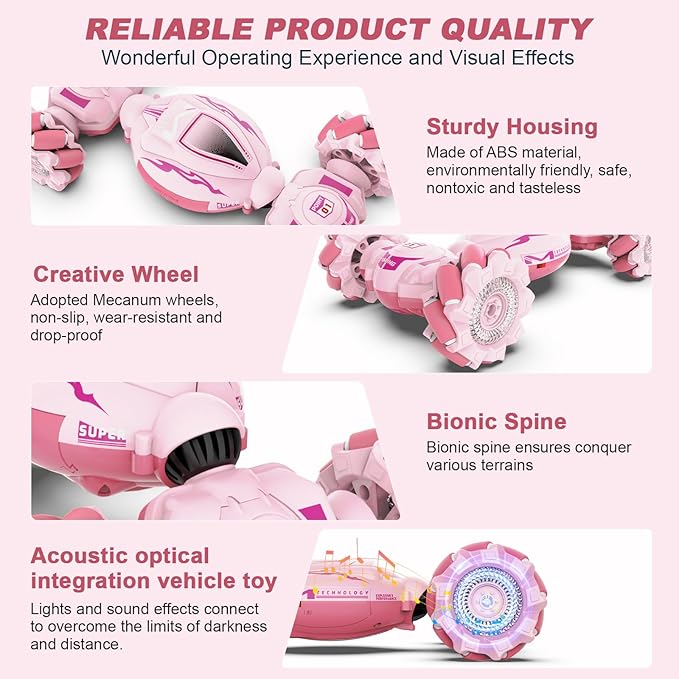 Pink RC Car Toys for Girls Aged 6-12, Gesture Sensing RC Stunt Cars with Lights Music for Girl Birthday Xmas Gifts, 2.4GHz 4WD Pink Remote Control Toy Double-Side Flip 360° All-Round Rotation