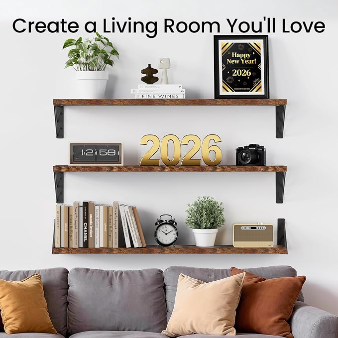 BAYKA Wall Shelves for Bedroom Decor, Floating Shelves for Wall, Display Mounted Rustic Wood Shelf for Books,Plants,Corner Shelves for Bathroom,Kitchen,Living Room(Rustic Brown，36in，Set of 3)