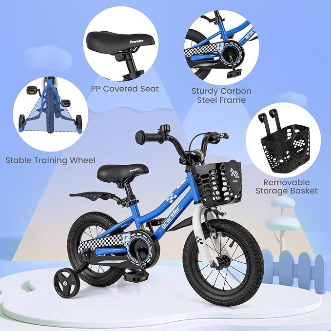 COSTWAY Kids Bike, 12 14 16 18 Inch Toddler Bike for Boys & Girls Aged 3-8 Years Old, Kids Bicycle w/Removable Training Wheels, Handbrake & Coaster Brake, Basket, Bell