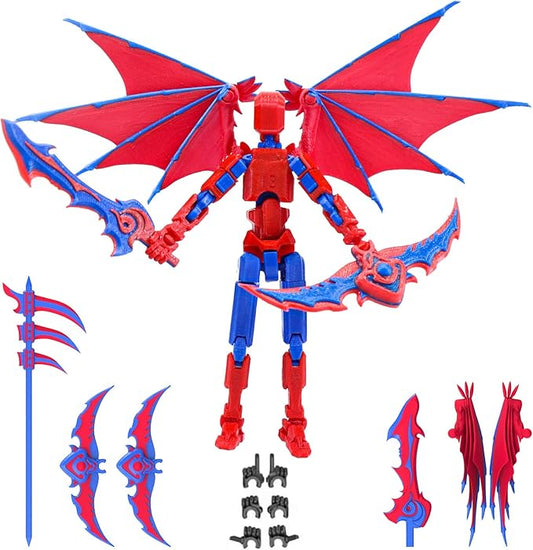 Titan 13 Robot Action Figure,Dummy 13,Articulated Robot with Demon Wings, 3D Printed robo 13 Action Figure Articulated (Red Blue)
