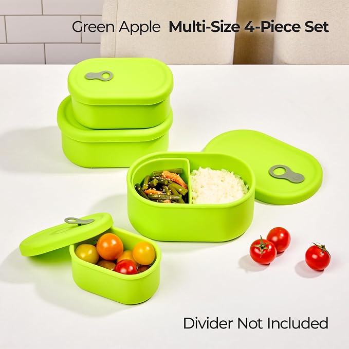 Korean Silicone Food Container with Steam Vent, Green Apple 4pc | Microwave & Freezer Safe, Leakproof, Airtight, Dishwasher Safe, BPA Free