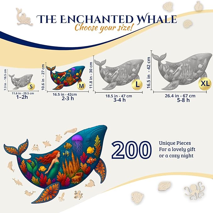 Goldbird Wooden Puzzles for Adults - Eco-Friendly Wood Puzzles 200 Pieces - Premium Gift Box - Whale Jigsaw Puzzles for Family Activity - Whimsical Shape Puzzle Pieces - 16.5 × 10.6 in