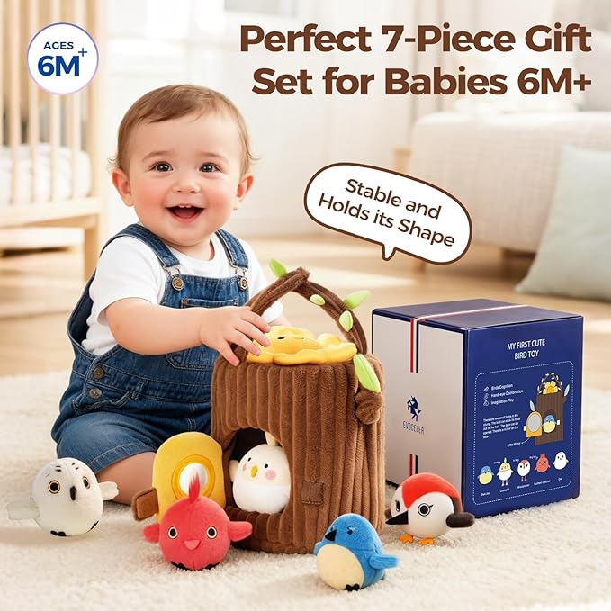 Evoceler Surprise Tree Stump with Birds, Rattle, Crinkle Paper,Squeaker & Mirror | Soft Montessori Toys for 6 Month Old Babies | Sensory Toddlers 1-3, 1 Year Old Boy Girl Gifts, Baby Toys 6-12 Months
