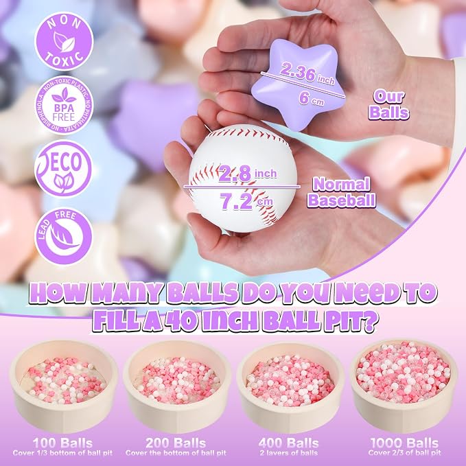 GOGOSO 100 Ball Pit Balls Star Bals - Pink Soft Plasticballs Phthalate Free BPA Free Playballs for Ballpool Birhtday Party Girls Kids with Storage Bag, 2.15inches