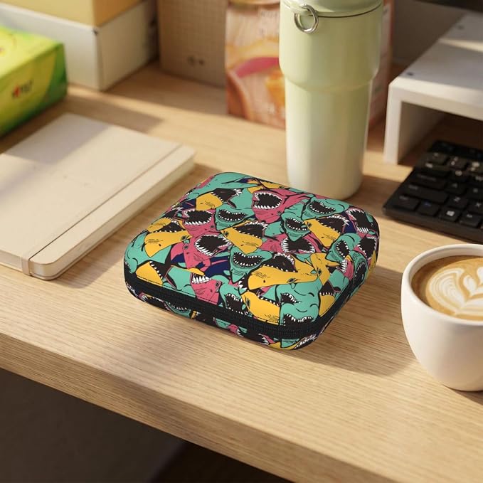 Cartoon Angry Shark Biting Period Bag For Women,Portable Sanitary Napkin Period Pad Pouch For Purse, Small Make Up Bags