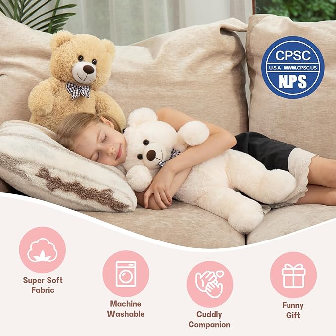 MorisMos Bow Tie Teddy Bear Stuffed Animal, 20 Inch Classic Stuffed Bears Plush, Cuddly Hugging Bear Gift for Toddler, Kids, Baby Shower & Birthday, White