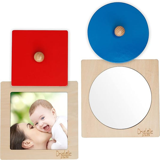 Driddle Montessori Toys - Wooden Knob Shape Puzzles - Mirror & Photo Insert - Learn Colors & Shapes Interactive Baby & Toddler Toys