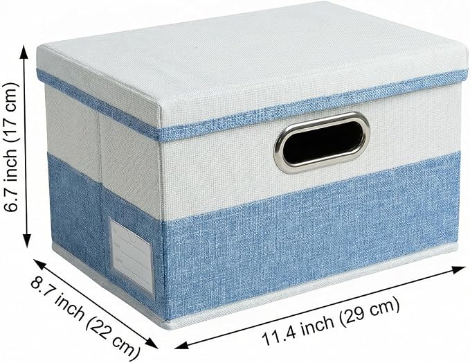 Storage Bins with Lids [3-Pack] Linen Fabric Foldable Storage Boxes Organizer Containers Baskets Cube with Cover for Bedroom Closet Office Blue&White（11.4X8.6X6.7
