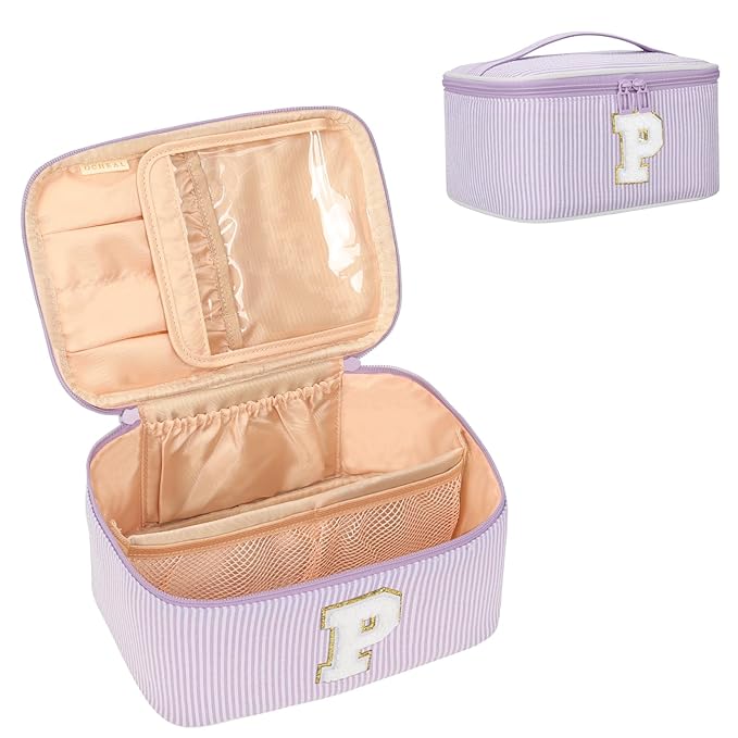 OCHEAL Makeup Bag Valentines Day Gifts for Women, Monogram Cosmetic Bag Purple Travel Makeup Case Beauty Toiletry Bag Organizer Personalized Gifts for Girls Bridesmaid, Sister, Wife, Friends Initial P
