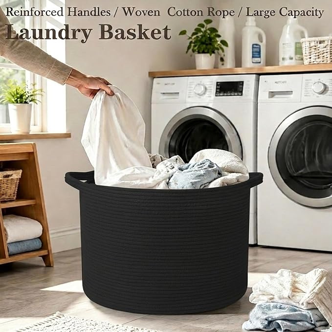 90L Extra Large Blanket Basket,Woven Rope Laundry Basket-Black | Collapsible, reinforced handles, nursery storage bin organizes clothes, toys and pillows for living room, bedroom bathroom