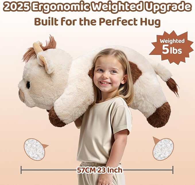 Weighted Stuffed Animals with Microwavable Heating Pad - 5lb Adjustable, Heatable & Coolable Cow Plush for Relaxation, Removable Inner Pad, Perfect Plush Gift for Kids, Adults (23 Inch)