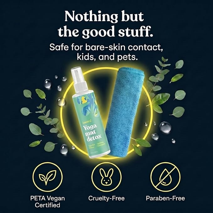 ASUTRA Yoga Mat Cleaner Spray (Uplifting Eucalyptus), 4 fl oz - No Slippery Residue, Organic Essential Oils, Deep-Cleansing for Fitness Gear & Gym Equipment, Microfiber Towel Included