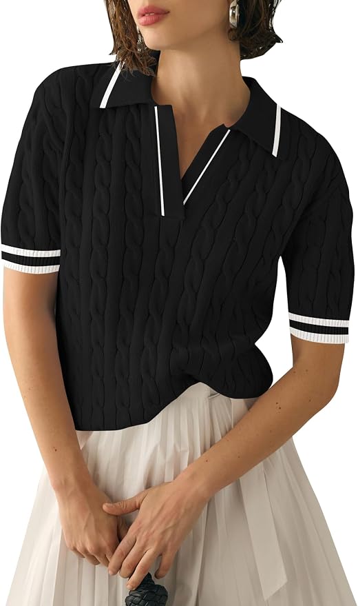 Micoson Womens Short Sleeve Sweater Tops Lapel V Neck Polo Shirts 2026 | Summer Cable Knit Loose Blouses, Business Casual Outfits