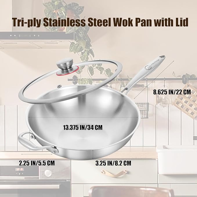 LOLYKITCH 13-Inch Stainless Steel Wok with Glass Lid | Detachable Handle | Uncoated Tri-Ply Stir Fry Pan | Everyday Cooking Wok for Induction & Glass| Flat Bottom | SGS Certified Cookware | PFOA-FREE