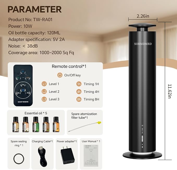 Waterless Scent Diffuser Starter Kit with 5 Oils Covers up to 2000 Sq Ft | Cold Air Diffusers for Home, Hotel, Office, Aromatherapy Diffuser with Adjustable Mist, Timer, App, Remote & Touch Control