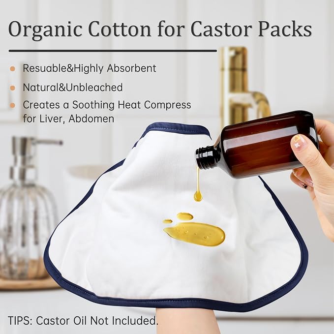 Castor Oil Pack Wrap Organic Cotton 2 Pcs, Castor Oil Cold Pressed Highly Absorbent for Liver Detox, Gifts for Women