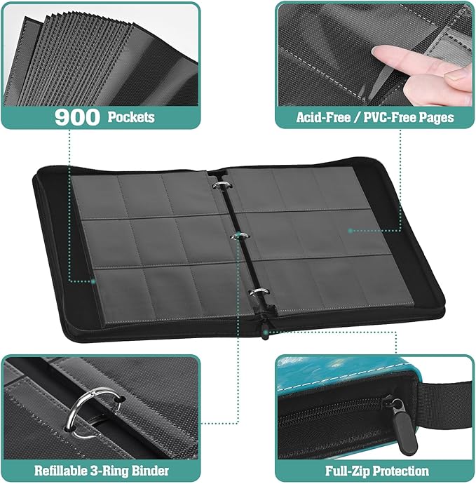 TCG Trading Card Binder, 900 Pockets, 3-Ring Zipper with 50 Double-Sided 9-Pocket Pages, Fits 2.5" x 3.5" Cards, Acid-Free PVC-Free PP Pages, PU Cover, White Cat & Butterfly Design