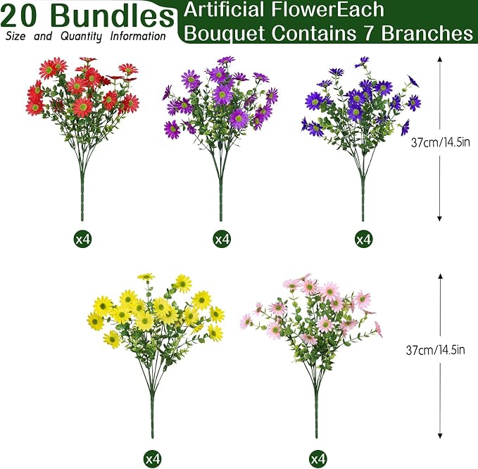 Alupssuc 20 Bundles Artificial Daisies Flowers Fake Silk Plant for Indoor Outdoor Decor, UV Resistant No Fade Faux Spring Flowers for Garden, Porch & Patio Decoration,Mixed 5 Colors