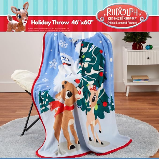 Rudolph The Red Nose Reindeer Kids Holiday Christmas Bedding Super Plush Cozy Throw, 46 in x 60 in, (Officially Licensed Product) By Franco