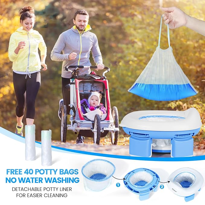 Orzbow Portable Potty Training Toilet, Travel Potty Seat for Toddler Boys Girls with Splash Guard, Potty Training Essentials, Foldable, Includes Free Travel Bag and 40 Liners, Indoor/Outdoor Use, Blue
