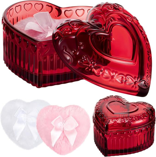 Tioncy 3 Pcs Large Body Powder Puff and Container Valentine's Day gift Powder Container with Puff Crystal Case Soft Washable Reusable Velour Face Body Glitter Wet Dry Makeup (Heart,Crimson)