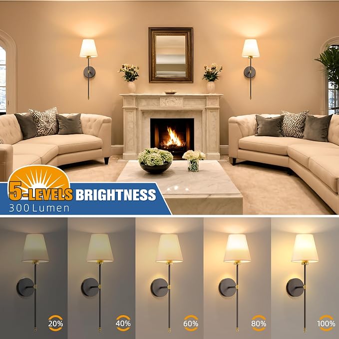 19.9 inch Battery Operated Wall Sconce Set of 2,Gold-Black Rechargeable Wall Lights with 10400mAh Dimmable Detachable Bulbs and Remote, Wireless Sconces for Bedroom Living Room Hallway