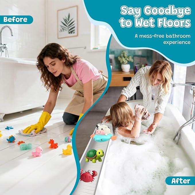 Longer 2.6 Ft Bathtub Splash Guard for Tub, Silicone Water Splash Guard with Strong Suction Cups & Toy, Bath Toy Holder, No Mess Water Spill in Bathroom for Toddlers Kids Baby
