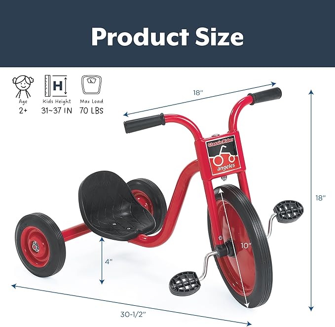 Angeles Kids Tricycle, Toddler Tricycle with Solid Airless Rubber Tires, Kids Bike for Preschools and Daycare, Ages 2+, ClassicRider 4" Tall Seat