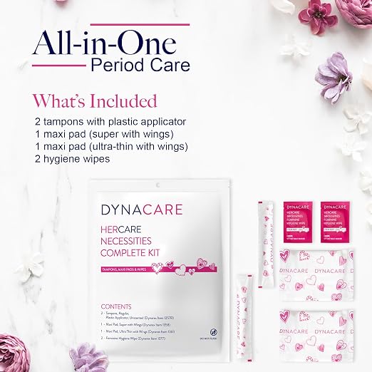 Dynarex HerCare Necessities Menstrual Kits - 50 Count Period Kits with 2 Tampons, 2 Maxi Pads, 2 Feminine Hygiene Wipes - Travel Essentials for Women & Teens