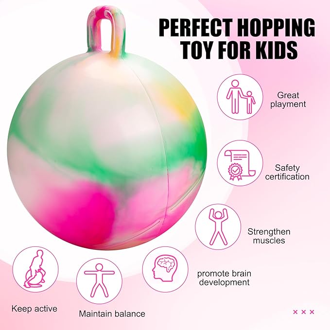 Hopper Ball 22 Inch Bouncy Ball with Handle for Kids, Hippity Hop Jumping Bounce Hopping Toy for Boys Girls Ages 7-12 with Pump and Gift Box Great Gift for Birthday Holiday (Pink)