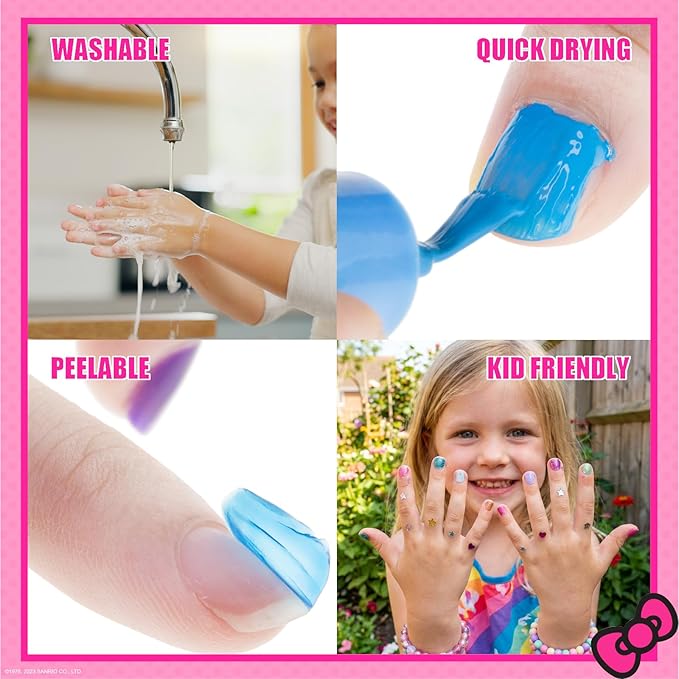 Hello Kitty 8 Pack Non-Toxic Peel-Off Shimmer and Opaque, Water-Based Safe Nail Polish Set with Nail Dryer for Kids, AA Batteries Not Included, Ages 3 and Up by Townley Girl
