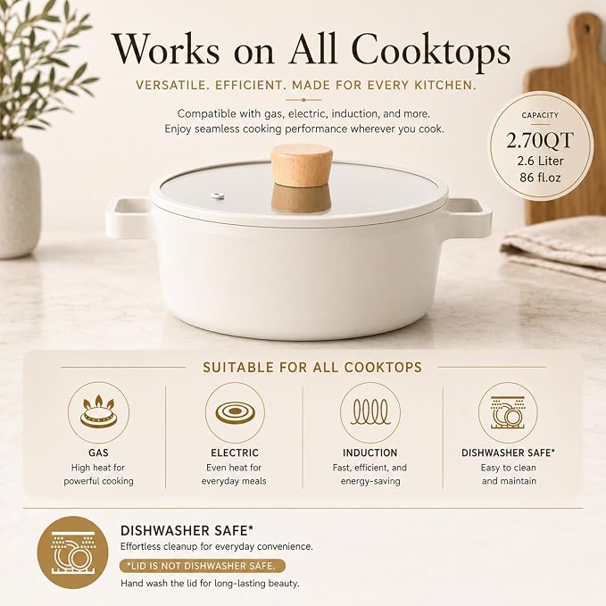 NEOFLAM FIKA 4-Piece Ceramic Coated Nonstick Cookware Set with Glass Lids, 2.7 Qt Casserole Pot & 1.7 Qt Saucepan, Natural Wood Handles, Induction Compatible, Made in Korea