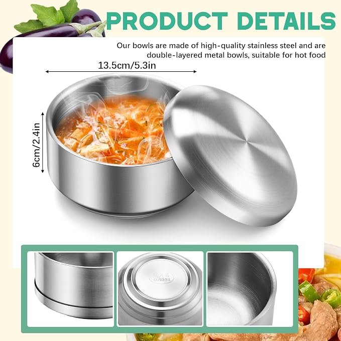 Reallnaive 4 Sets 17 oz Stainless Steel Korean Soup Rice Insulated Bowl with Lid for Metal Cereal Kitchen Restaurant Double Walled Anti Scalding Bowls for Soup Salad Noodles
