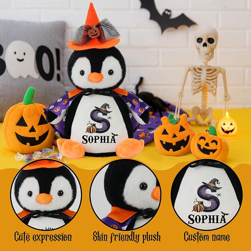 Custom Halloween Plushies Penguin Stuffed Animal, 13.8" Personalized Penguin Toy with Name Date Message, Baby's First Halloween Plush Gift for Kids Boys Girls