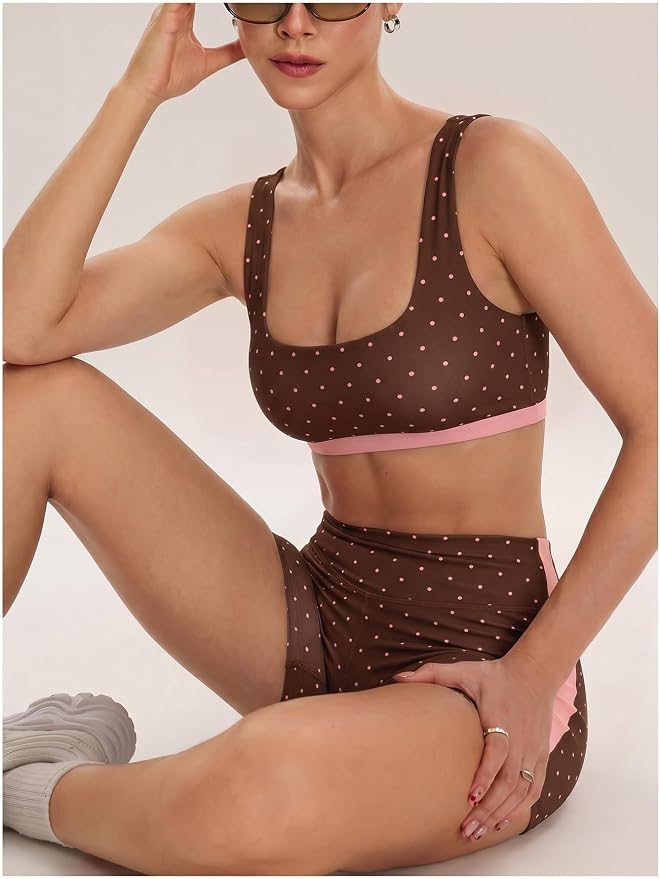 Milumia Women's Polka Dots Workout Set 2 Piece Color Block Bra Tank High Waisted Biker Shorts Layered Matching Yoga Outfit