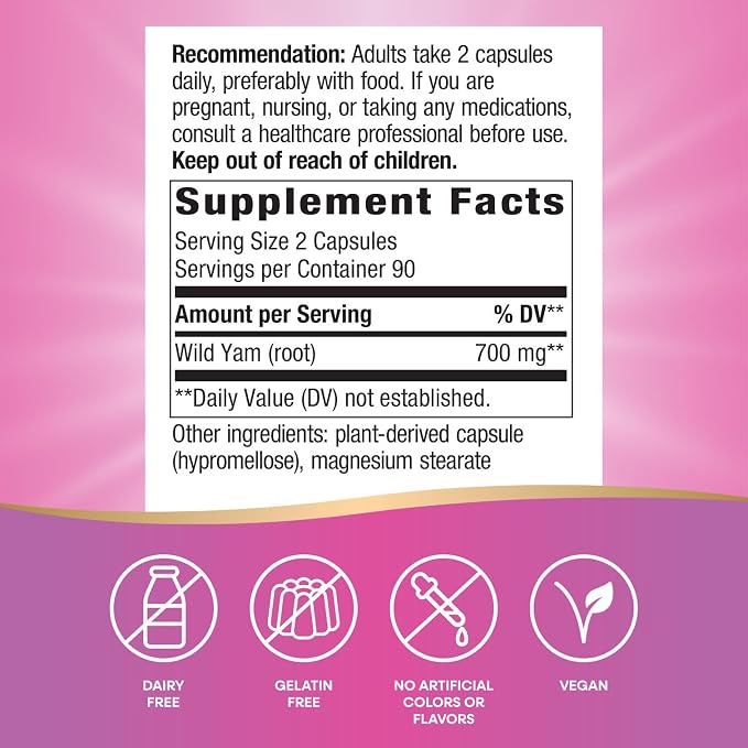 Nature's Way Wild Yam Root Capsules, Women's Traditional Health Support*, 700 mg per 2-Capsule Serving, Non-GMO Project Verified, 180 Vegan Capsules (Packaging May Vary)