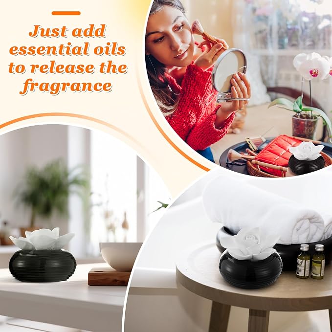 Honeydak 3 Pcs Ceramic Essential Oil Diffuser, Non Electric Reedless Passive Porcelain Flower Aromatherapy Diffuser, Decorative Floral Design Tabletop Office Home Bathroom Decor (Camellia)