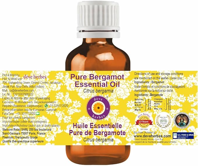Deve Herbes Pure Bergamot Essential Oil (Citrus bergamia) with Internal Plastic Euro Dropper 100% Therapeutic Grade Steam Distilled for Personal Care 30ml (1.01 oz)
