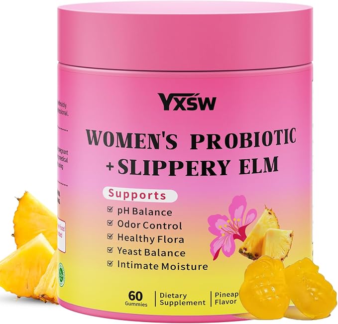 Women's Probiotics Slippery Elm Gummies, Sugar-Free Feminine Probiotics Gummies Support pH Balance, Gut Health & Immune System, Pineapple Flavor, 60 Count
