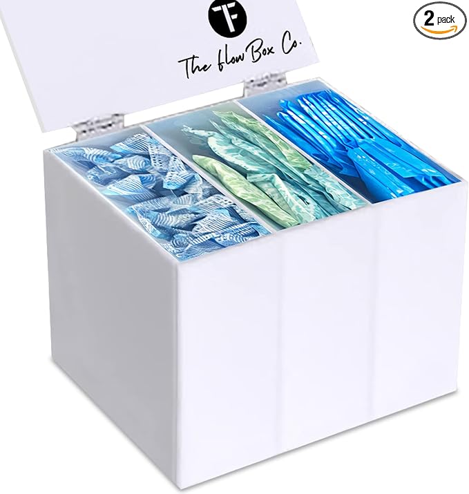 The Flow Box Tampon and Sanitary Pad Organizer - Bathroom Organizer with Removable Dividers, Tampon Storage Box, Discreet Feminine Care Storage, Feminine Care Organizer