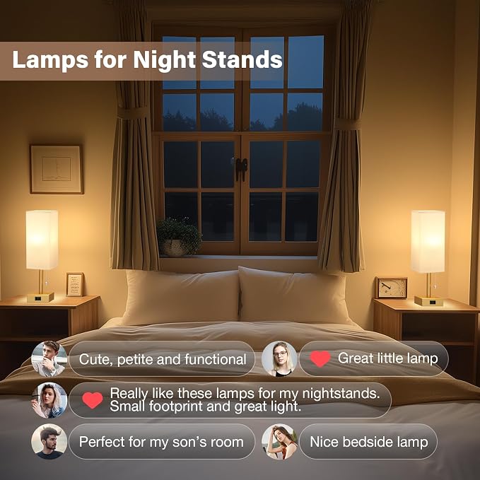 Gold Bedside Table Lamps for Bedroom - Small Nightstand Lamp Set of 2 with AC Outlet Charging Port, 3 Color Temperatures Rectangular Desk Light, Tabletop Reading Lamp for Living Room/Dorm/Office
